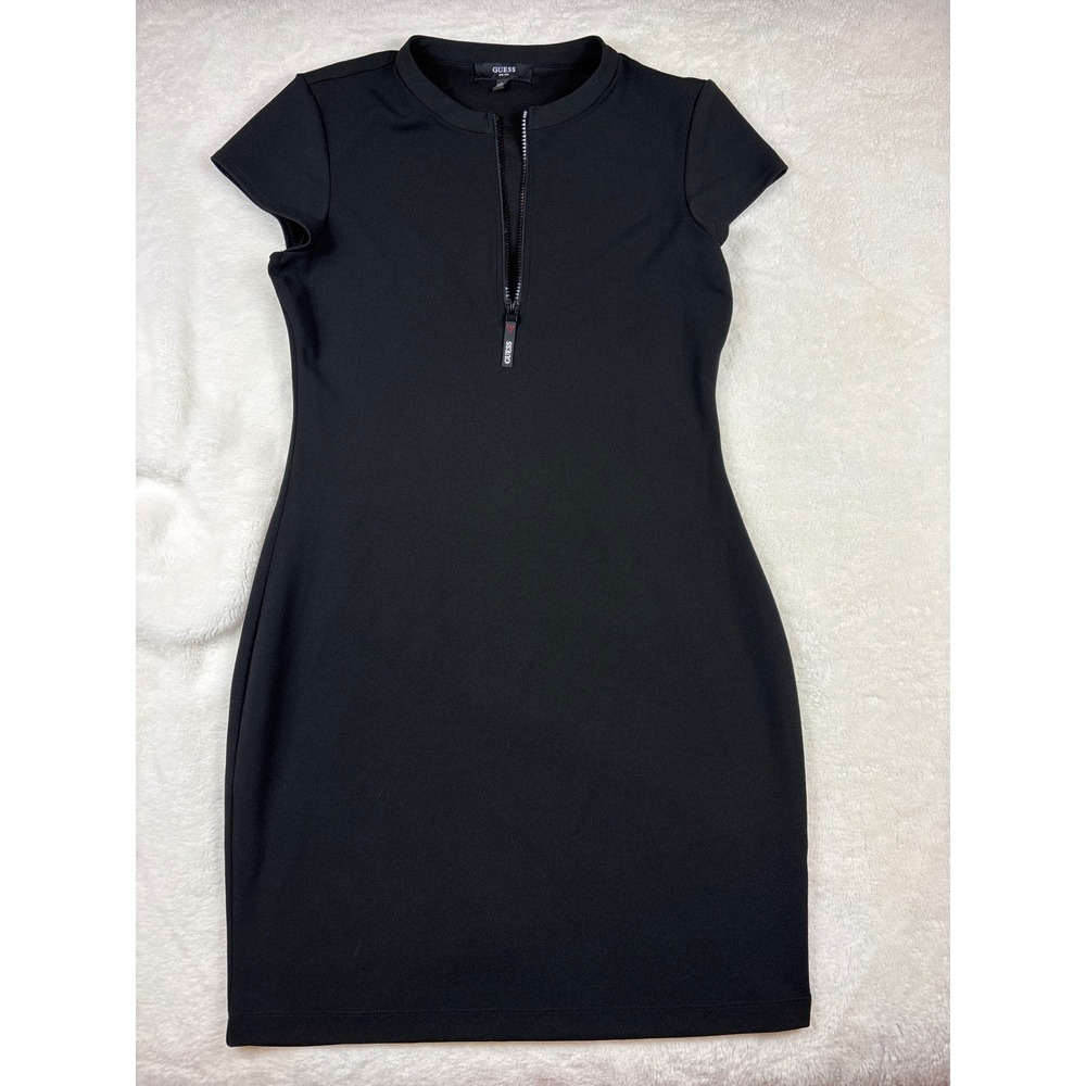 Guess Black Half Zip Bodycon Mini Dress Short Sleeve Mock Neck Logo Zipper Large
